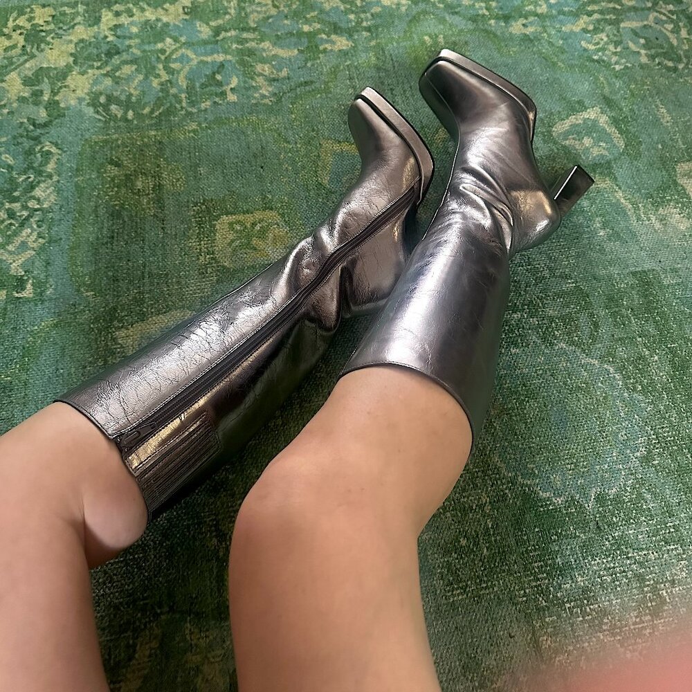Jeffrey Campbell Crinkled Silver Knee-High Block Heel Boots - Picture 4 of 13